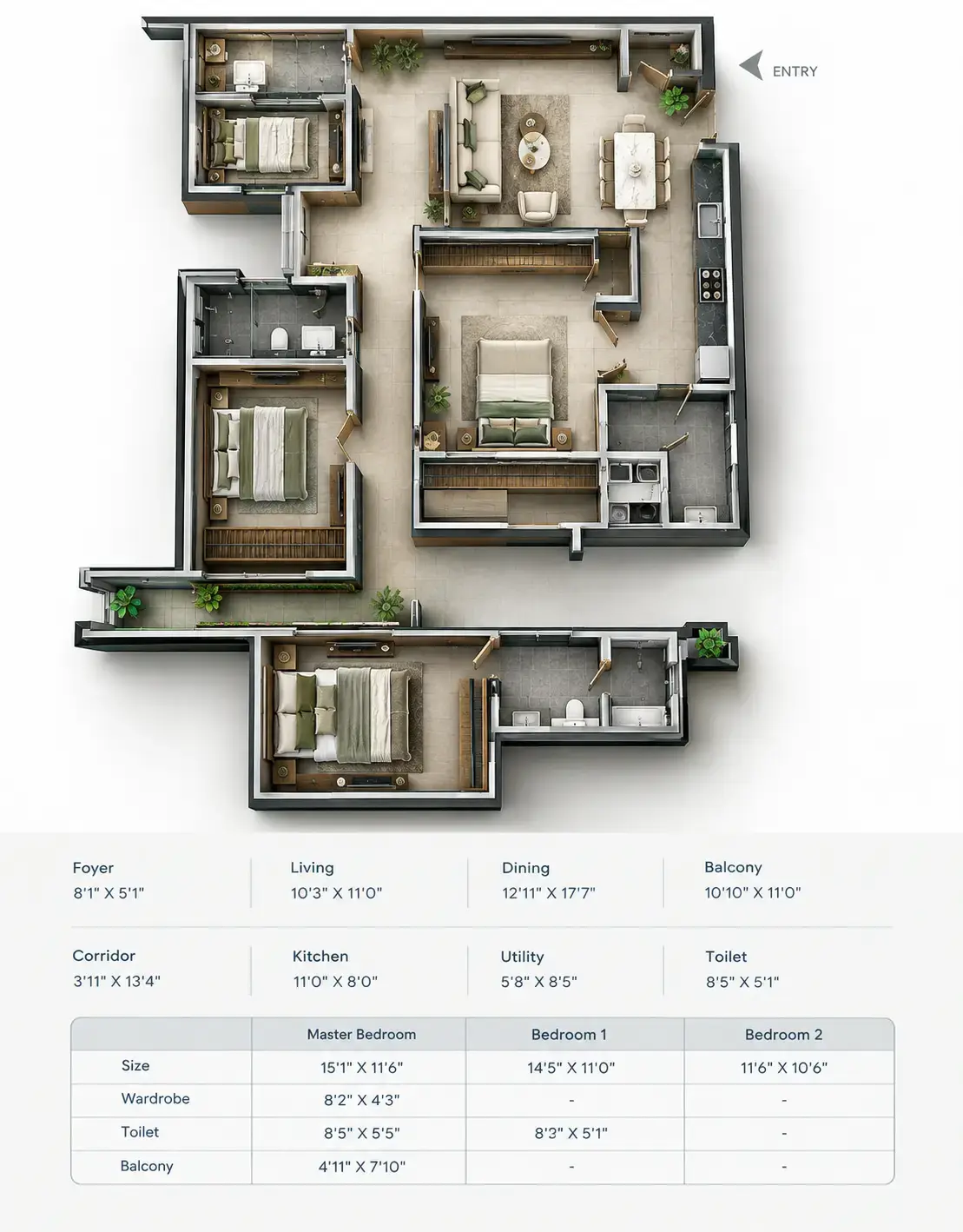 3 BHK Larger Floor Plan